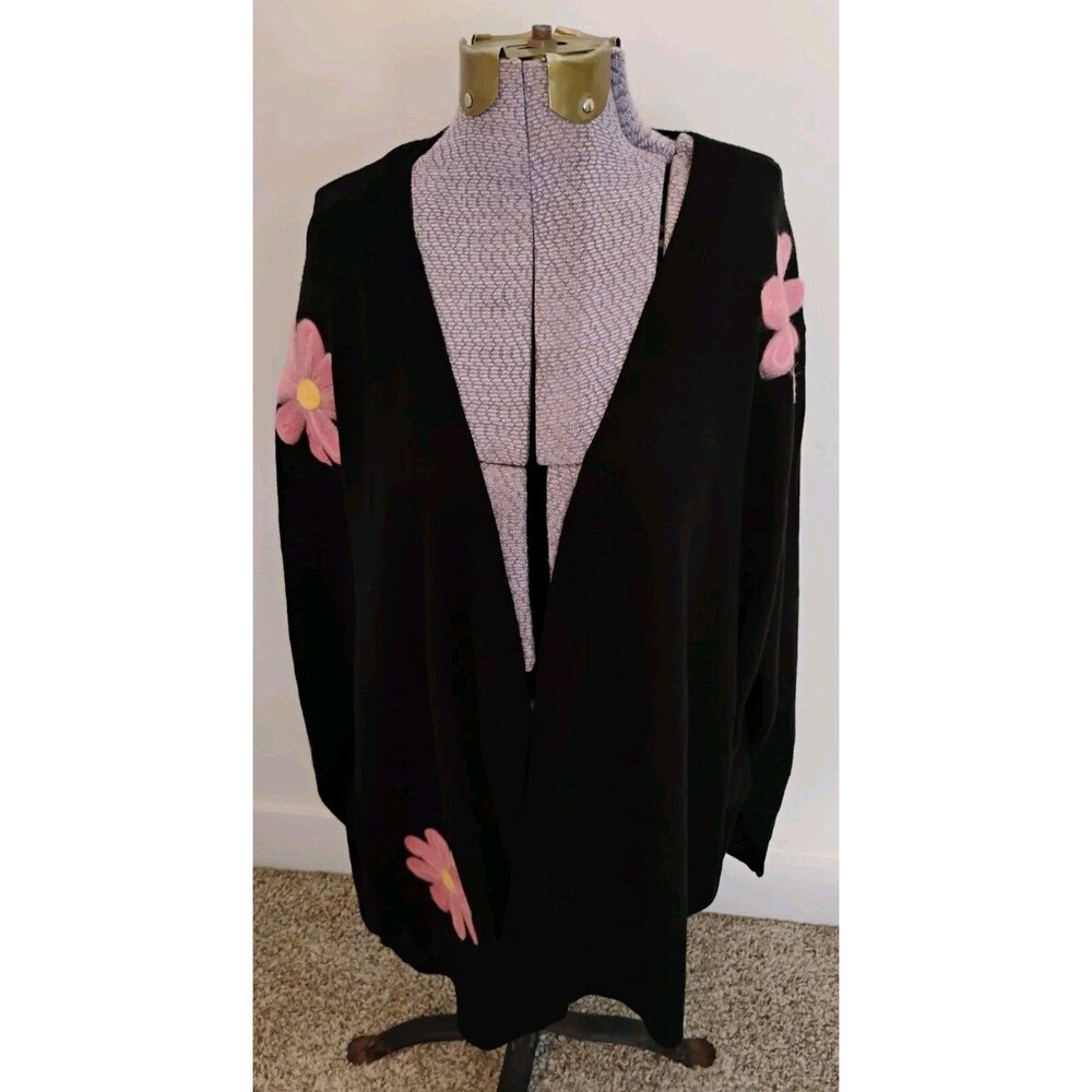 Aaeda Black Open Cardigan Sweater Flowers Lg Sleeve V Neck Size 2x Boho Cottage